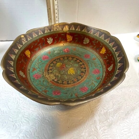 VTG Solid Hand Crafted Solid Brass Enameled Bowl Colorful Floral Design 9.25" - Picture 5 of 10